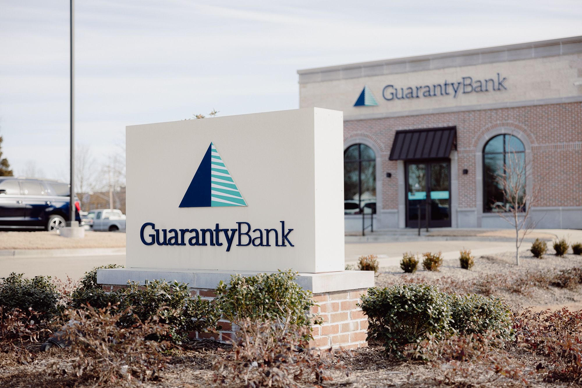Guaranty Bank outdoor signage in front of the bank building.